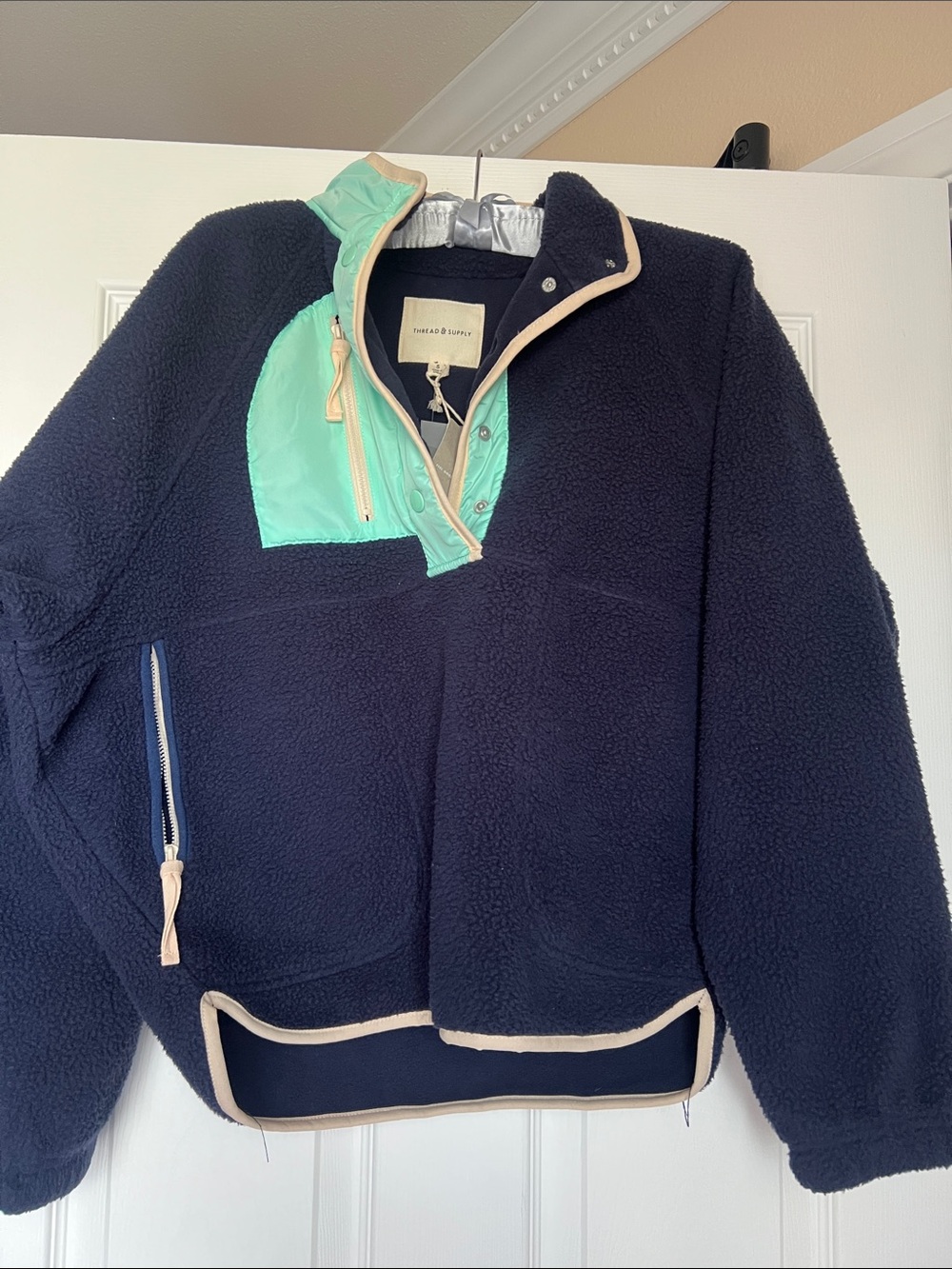 Vineyard Vines Navy Sherpa Pullover with Mint Chest Panel
